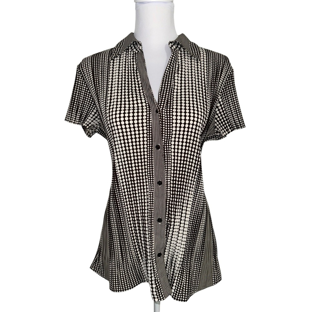 Apt. 9 XL Button Front Blouse Brown‎ White Polka Dot Stretch Career Top Retro